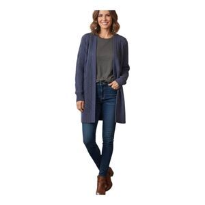 LL Bean Signature Long Open Cardigan Sweater Cotton Cable Knit Pockets Navy Blue